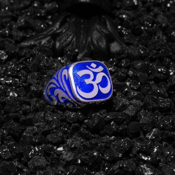 RARE PRINCE by CARAT SUTRA | Om Symbol with Blue Enamel Signet Ring for Men, Sterling Silver 925 Ring | Jewellery for Men| With Certificate of Authenticity and 925 Hallmark