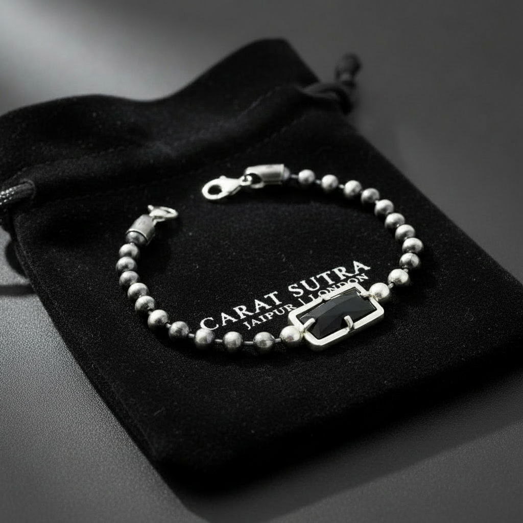 RARE PRINCE by CARAT SUTRA |  Natural Black Onyx Bracelet for Men | 925 Sterling Silver Bracelet | Men's Jewelry | With Certificate of Authenticity and 925 Hallmark