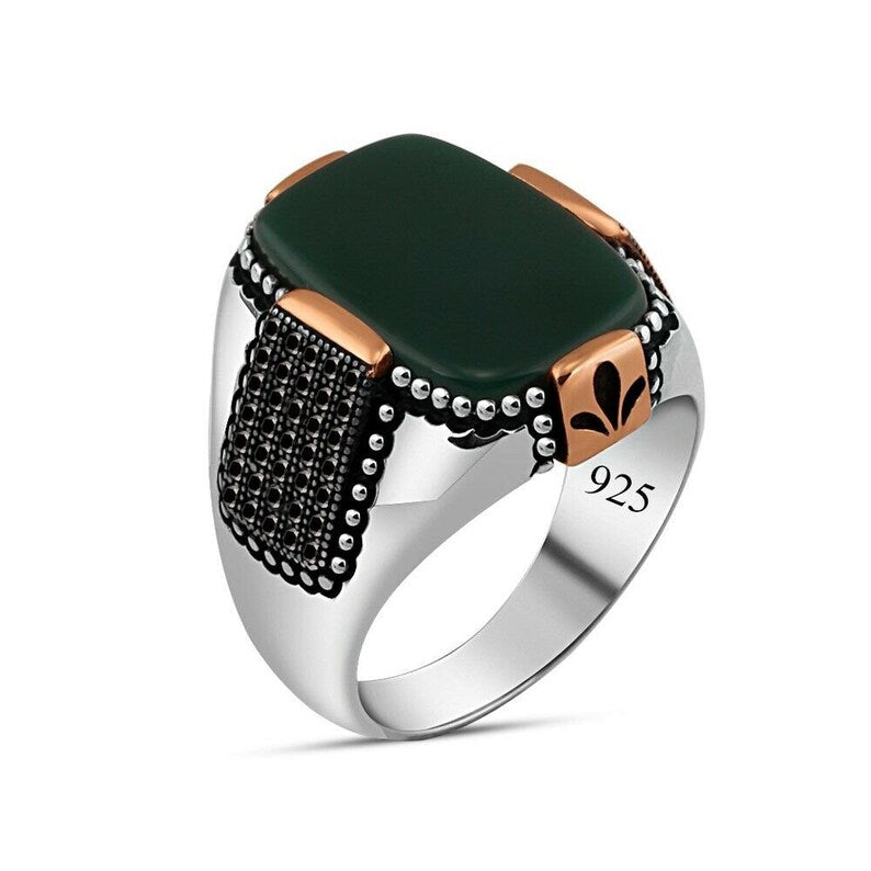 RARE PRINCE by CARAT SUTRA | Unique Designed Turkish Style Ring with Natural Green Onyx | 925 Sterling Silver Oxidized Ring | Men's Jewelry | With Certificate of Authenticity and 925 Hallmark