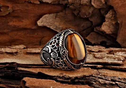 RARE PRINCE by CARAT SUTRA | Unique Designed Turkish Style Ring with Natural Tiger Eye  | 925 Sterling Silver Oxidized Ring | Men's Jewelry | With Certificate of Authenticity and 925 Hallmark