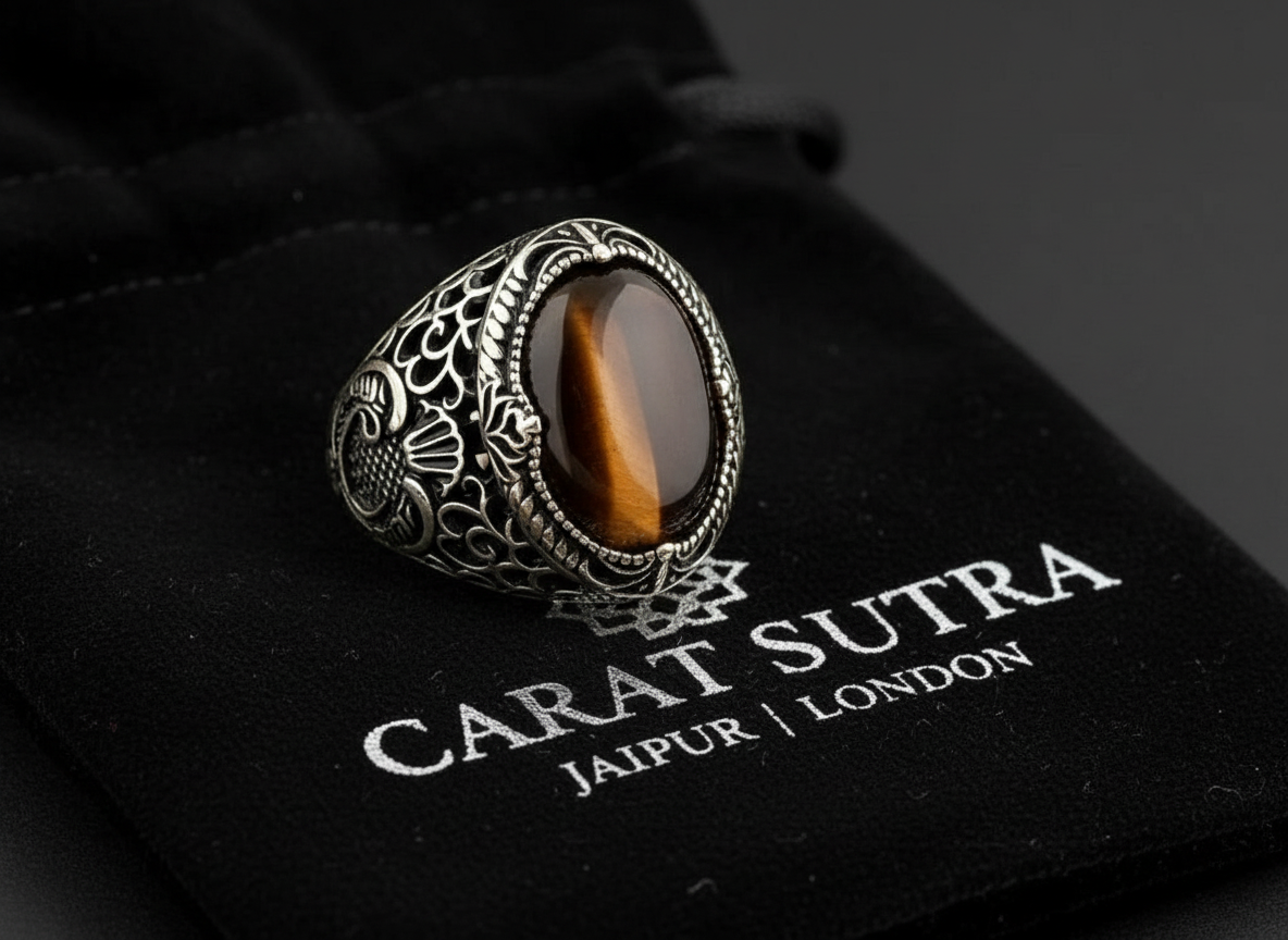 RARE PRINCE by CARAT SUTRA | Unique Designed Turkish Style Ring with Natural Tiger Eye  | 925 Sterling Silver Oxidized Ring | Men's Jewelry | With Certificate of Authenticity and 925 Hallmark