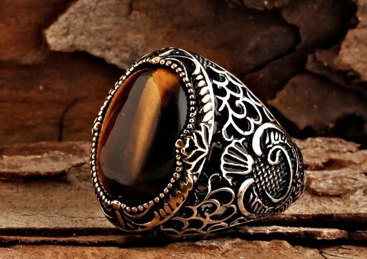 RARE PRINCE by CARAT SUTRA | Unique Designed Turkish Style Ring with Natural Tiger Eye  | 925 Sterling Silver Oxidized Ring | Men's Jewelry | With Certificate of Authenticity and 925 Hallmark