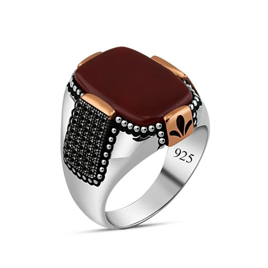 RARE PRINCE by CARAT SUTRA | Unique Turkish Style Ring with Natural Red Agate | 925 Sterling Silver Oxidized Ring | Men's Jewelry | With Certificate of Authenticity and 925 Hallmark