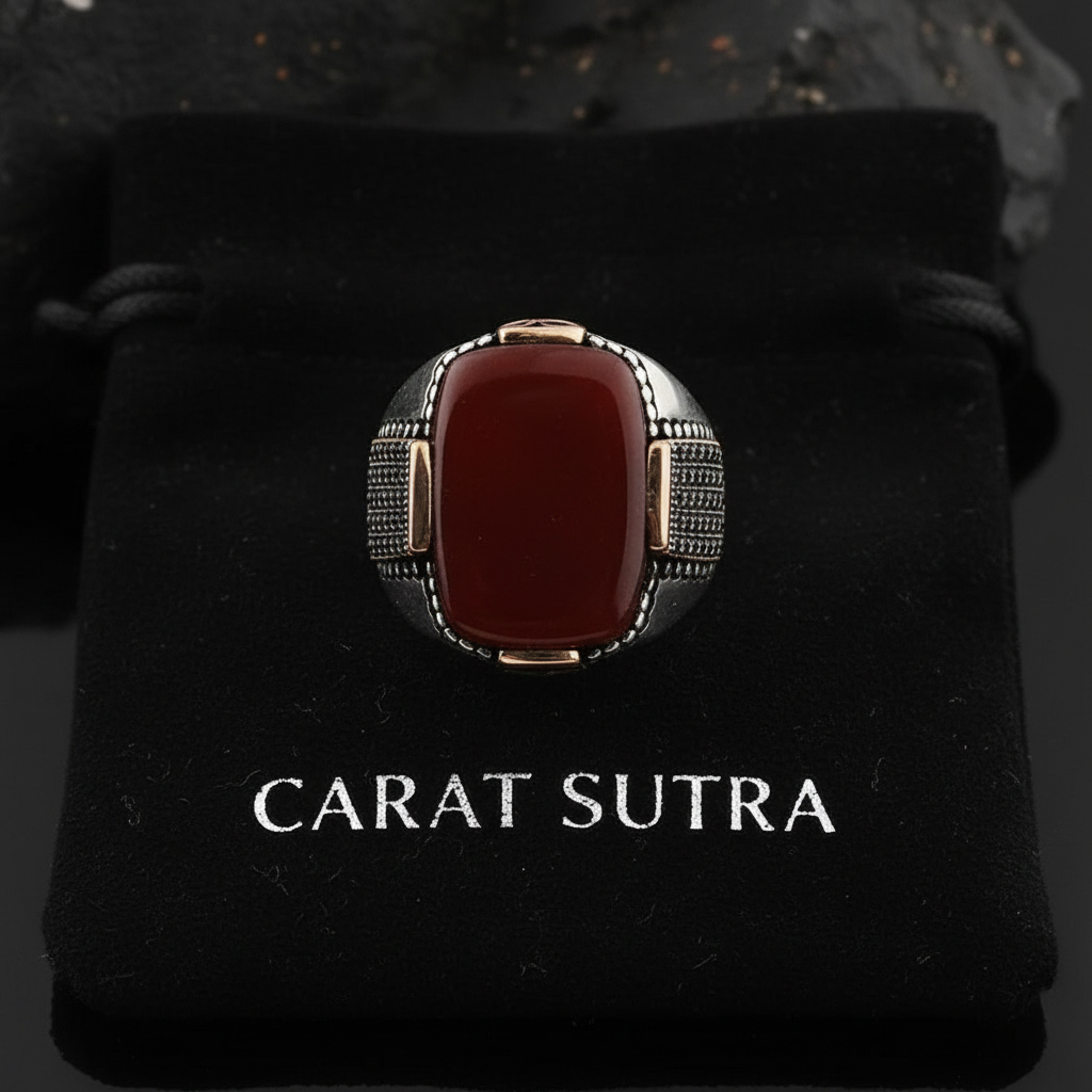 RARE PRINCE by CARAT SUTRA | Unique Turkish Style Ring with Natural Red Agate | 925 Sterling Silver Oxidized Ring | Men's Jewelry | With Certificate of Authenticity and 925 Hallmark