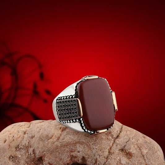 RARE PRINCE by CARAT SUTRA | Unique Turkish Style Ring with Natural Red Agate | 925 Sterling Silver Oxidized Ring | Men's Jewelry | With Certificate of Authenticity and 925 Hallmark