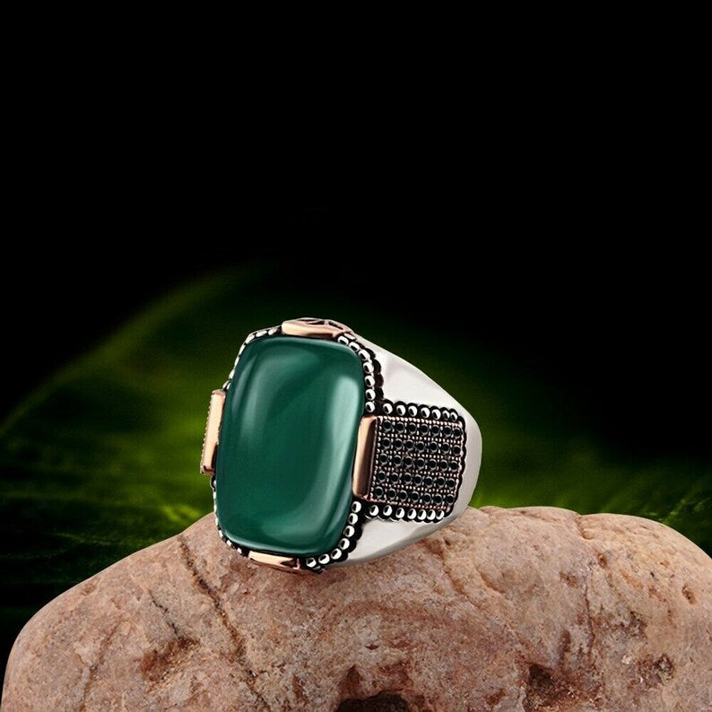 RARE PRINCE by CARAT SUTRA | Unique Designed Turkish Style Ring with Natural Green Onyx | 925 Sterling Silver Oxidized Ring | Men's Jewelry | With Certificate of Authenticity and 925 Hallmark