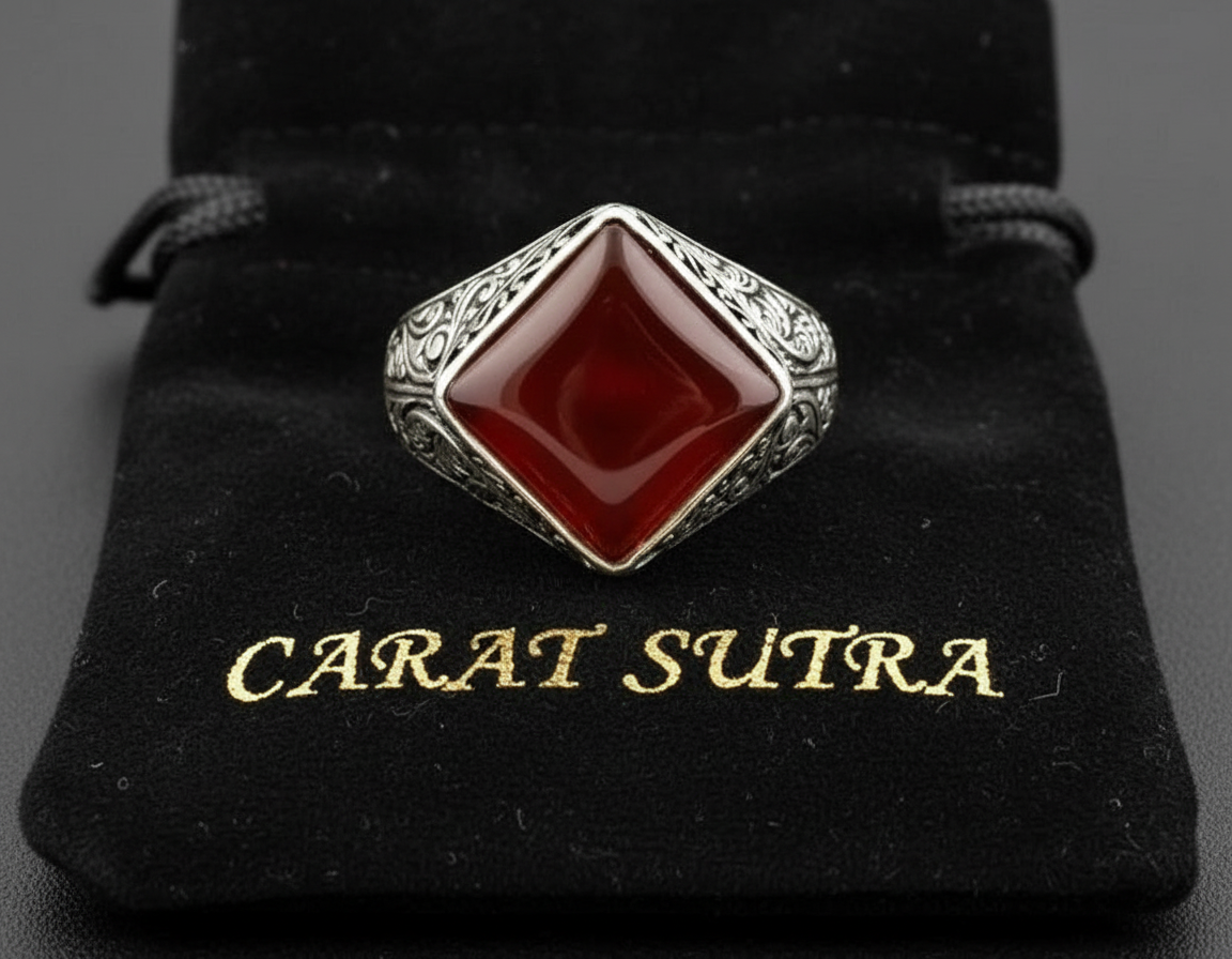 RARE PRINCE by CARAT SUTRA | Unique Turkish Style Ring with Natural Red Agate  | 925 Sterling Silver Oxidized Ring | Men's Jewelry | With Certificate of Authenticity and 925 Hallmark