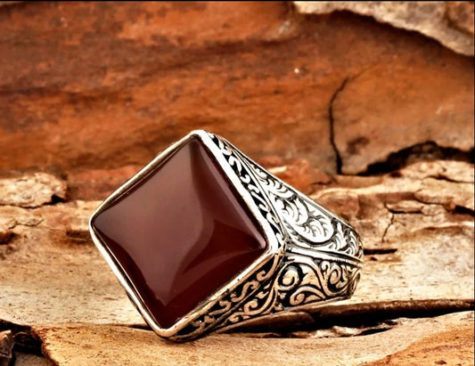 RARE PRINCE by CARAT SUTRA | Unique Turkish Style Ring with Natural Red Agate  | 925 Sterling Silver Oxidized Ring | Men's Jewelry | With Certificate of Authenticity and 925 Hallmark