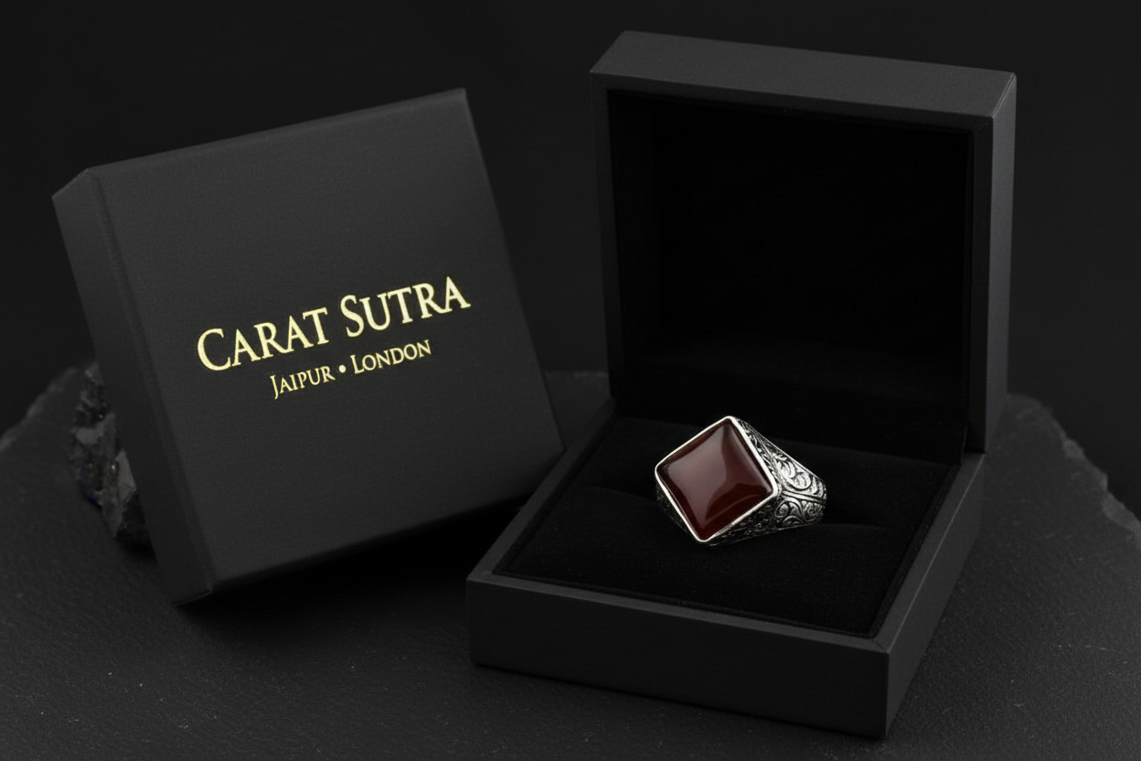 RARE PRINCE by CARAT SUTRA | Unique Turkish Style Ring with Natural Red Agate  | 925 Sterling Silver Oxidized Ring | Men's Jewelry | With Certificate of Authenticity and 925 Hallmark - caratsutra