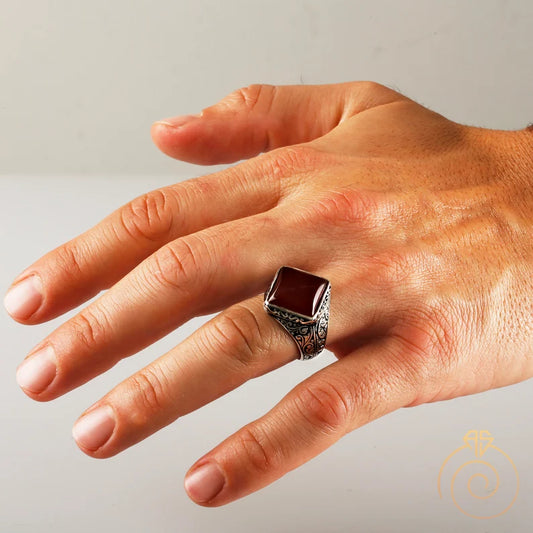 RARE PRINCE by CARAT SUTRA | Unique Turkish Style Ring with Natural Red Agate  | 925 Sterling Silver Oxidized Ring | Men's Jewelry | With Certificate of Authenticity and 925 Hallmark