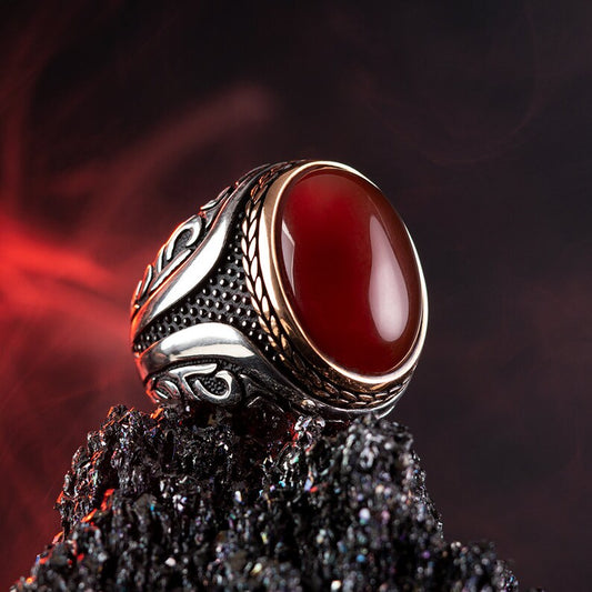 RARE PRINCE by CARAT SUTRA | Unique Turkish Style Ring with Natural Red Agate | 925 Sterling Silver Oxidized Ring | Men's Jewelry | With Certificate of Authenticity and 925 Hallmark