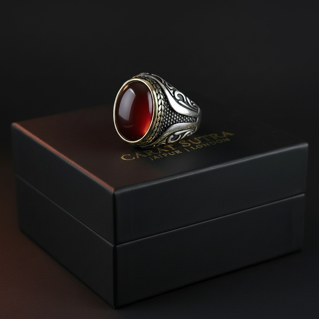 RARE PRINCE by CARAT SUTRA | Unique Turkish Style Ring with Natural Red Agate | 925 Sterling Silver Oxidized Ring | Men's Jewelry | With Certificate of Authenticity and 925 Hallmark - caratsutra