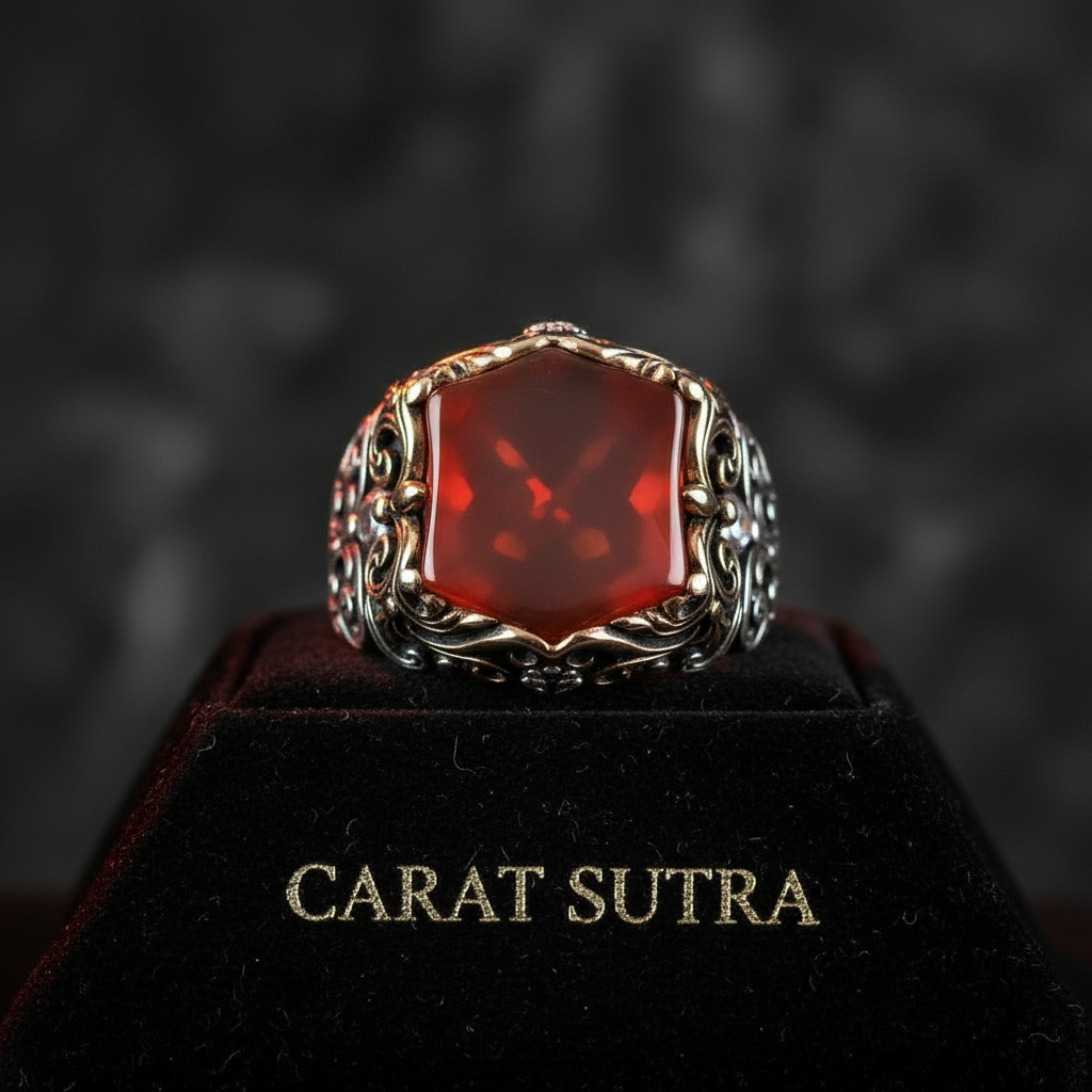 RARE PRINCE by CARAT SUTRA | Unique Turkish Style Ring with Natural Red Agate | 925 Sterling Silver Oxidized Ring | Men's Jewelry | With Certificate of Authenticity and 925 Hallmark