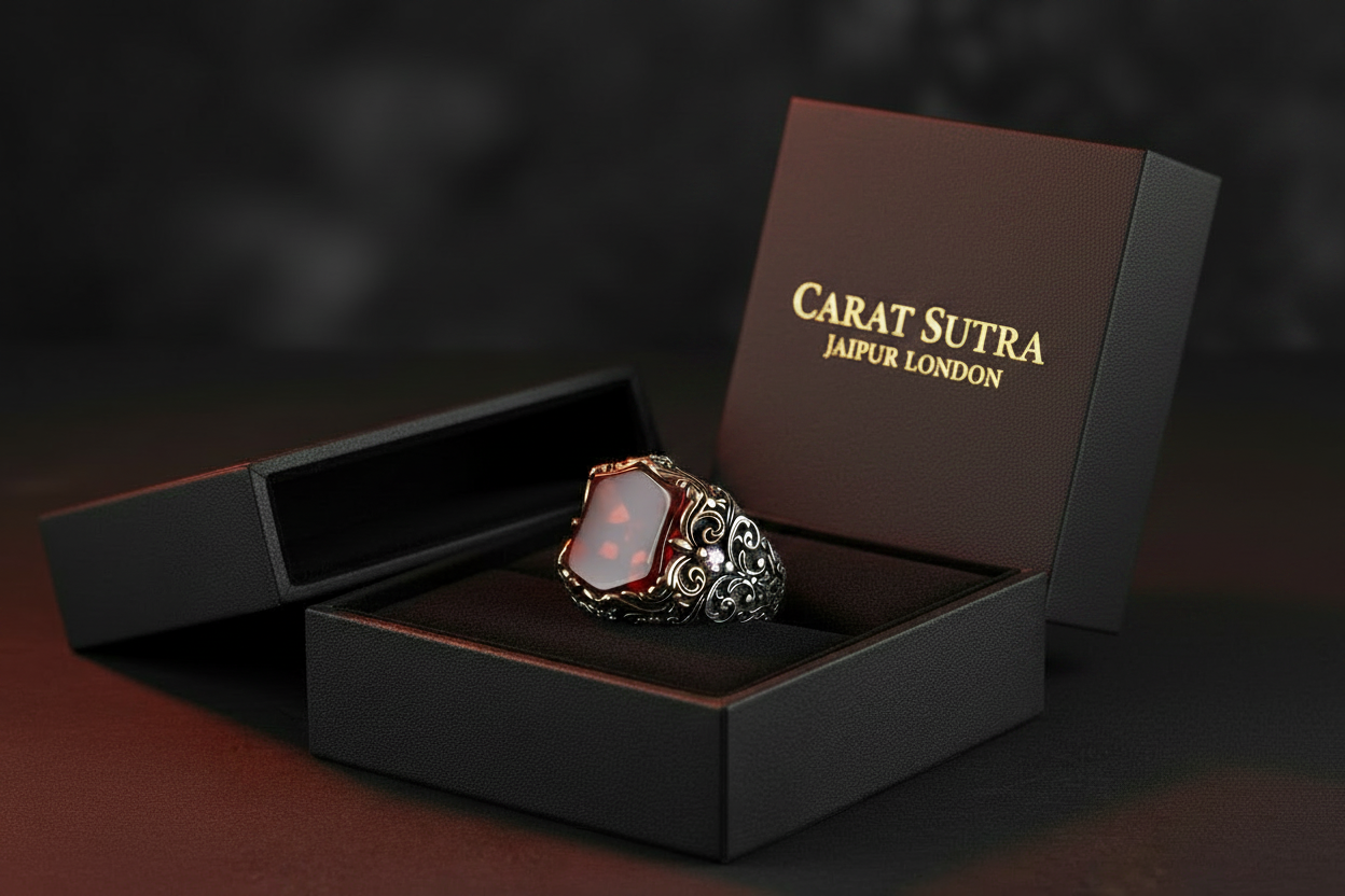 RARE PRINCE by CARAT SUTRA | Unique Turkish Style Ring with Natural Red Agate | 925 Sterling Silver Oxidized Ring | Men's Jewelry | With Certificate of Authenticity and 925 Hallmark - caratsutra