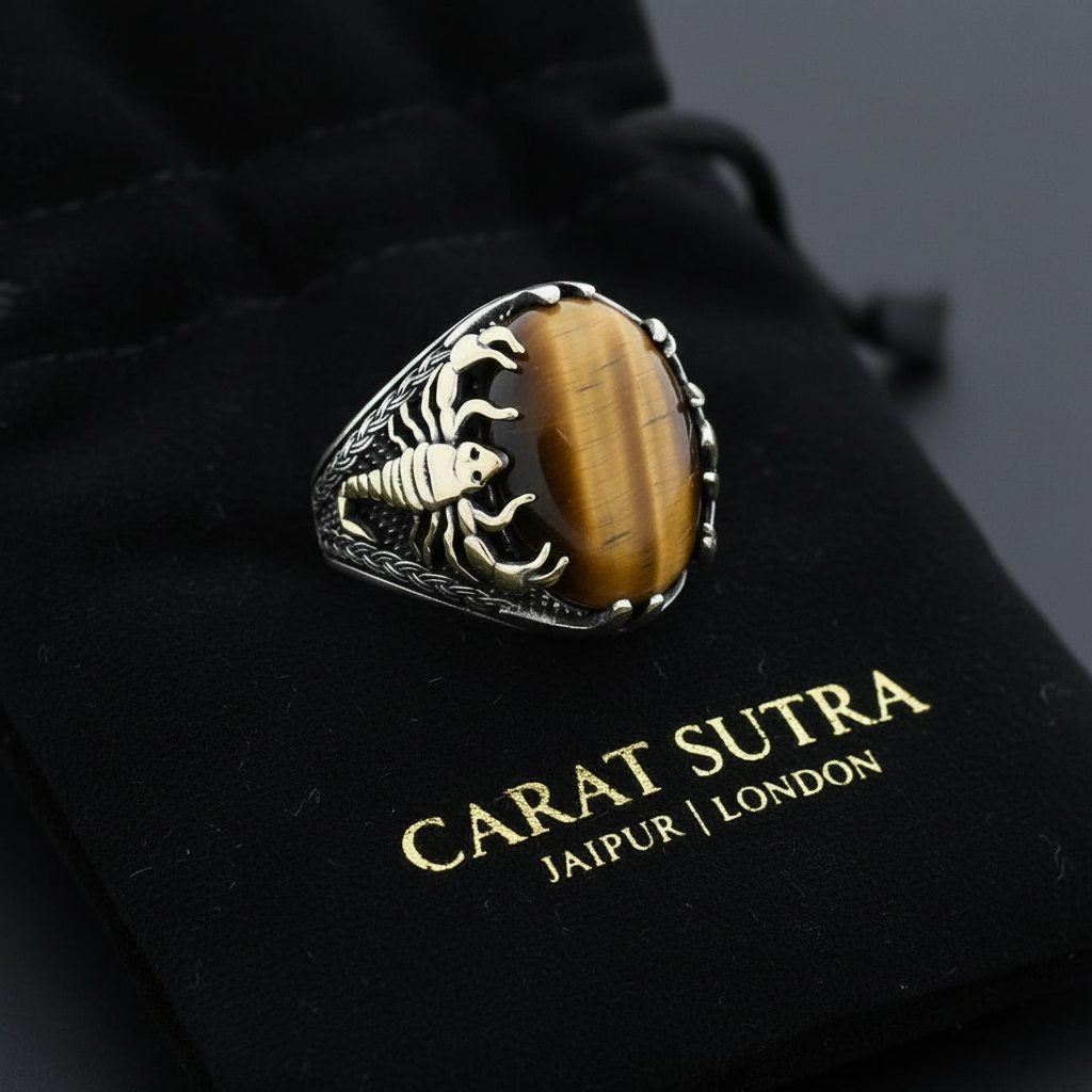 RARE PRINCE by CARAT SUTRA | Unique Designed Turkish Style Ring with Natural Tiger Eye  | 925 Sterling Silver Oxidized Ring | Men's Jewelry | With Certificate of Authenticity and 925 Hallmark