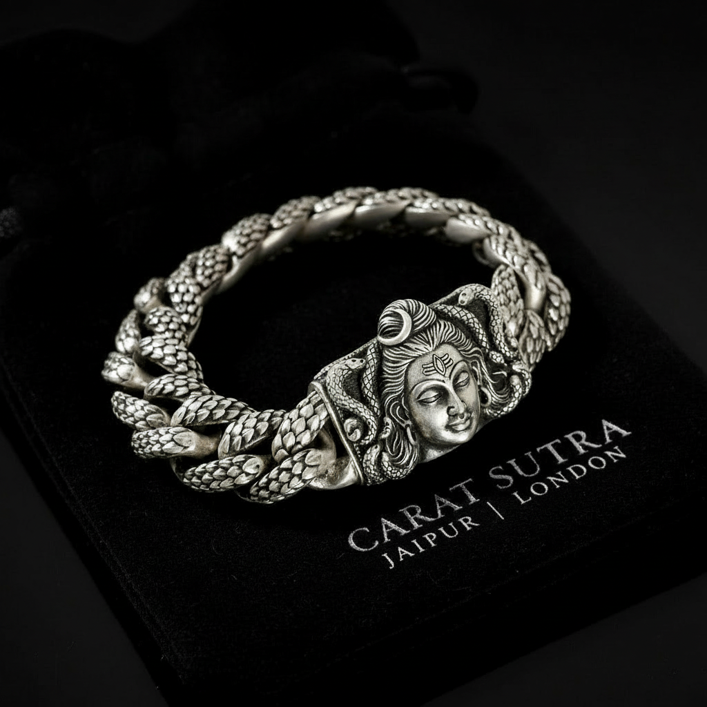18mm wide Solid. 925 sterling silver bracelet with Mahadev Face, oxidized Cuban design | Sterling Silver Bracelet | With Certificate of Authenticity and 925 Hallmark