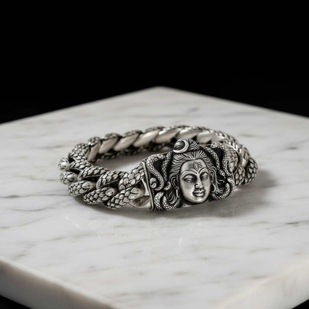 18mm wide Solid. 925 sterling silver bracelet with Mahadev Face, oxidized Cuban design | Sterling Silver Bracelet - caratsutra