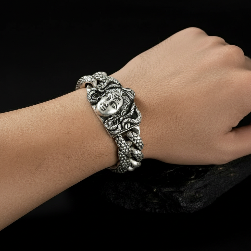 18mm wide Solid. 925 sterling silver bracelet with Mahadev Face, oxidized Cuban design | Sterling Silver Bracelet | With Certificate of Authenticity and 925 Hallmark