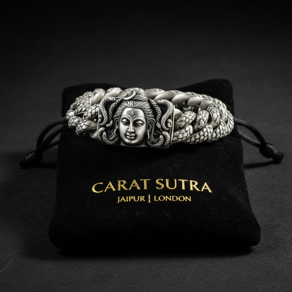 18mm wide Solid. 925 sterling silver bracelet with Mahadev Face, oxidized Cuban design | Sterling Silver Bracelet - caratsutra