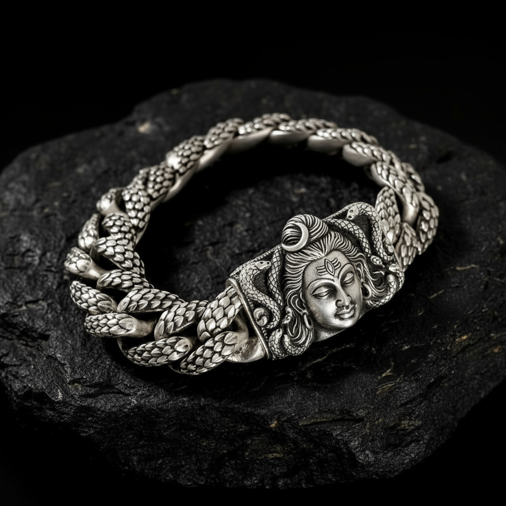 18mm wide Solid. 925 sterling silver bracelet with Mahadev Face, oxidized Cuban design | Sterling Silver Bracelet | With Certificate of Authenticity and 925 Hallmark