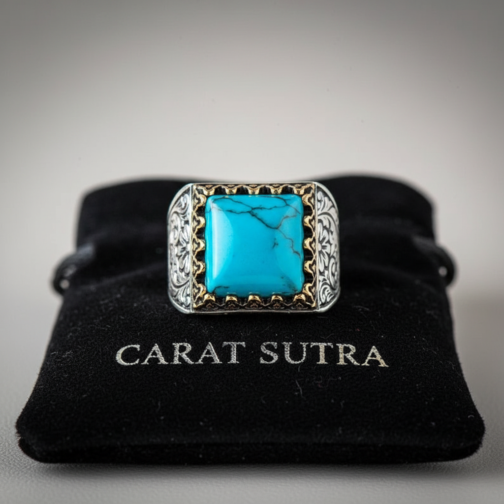 RARE PRINCE by CARAT SUTRA | Unique Designed Turkish Style Ring with Natural Irani Origin Turquoise | 925 Sterling Silver Oxidized Ring |With Certificate of Authenticity and 925 Hallmark