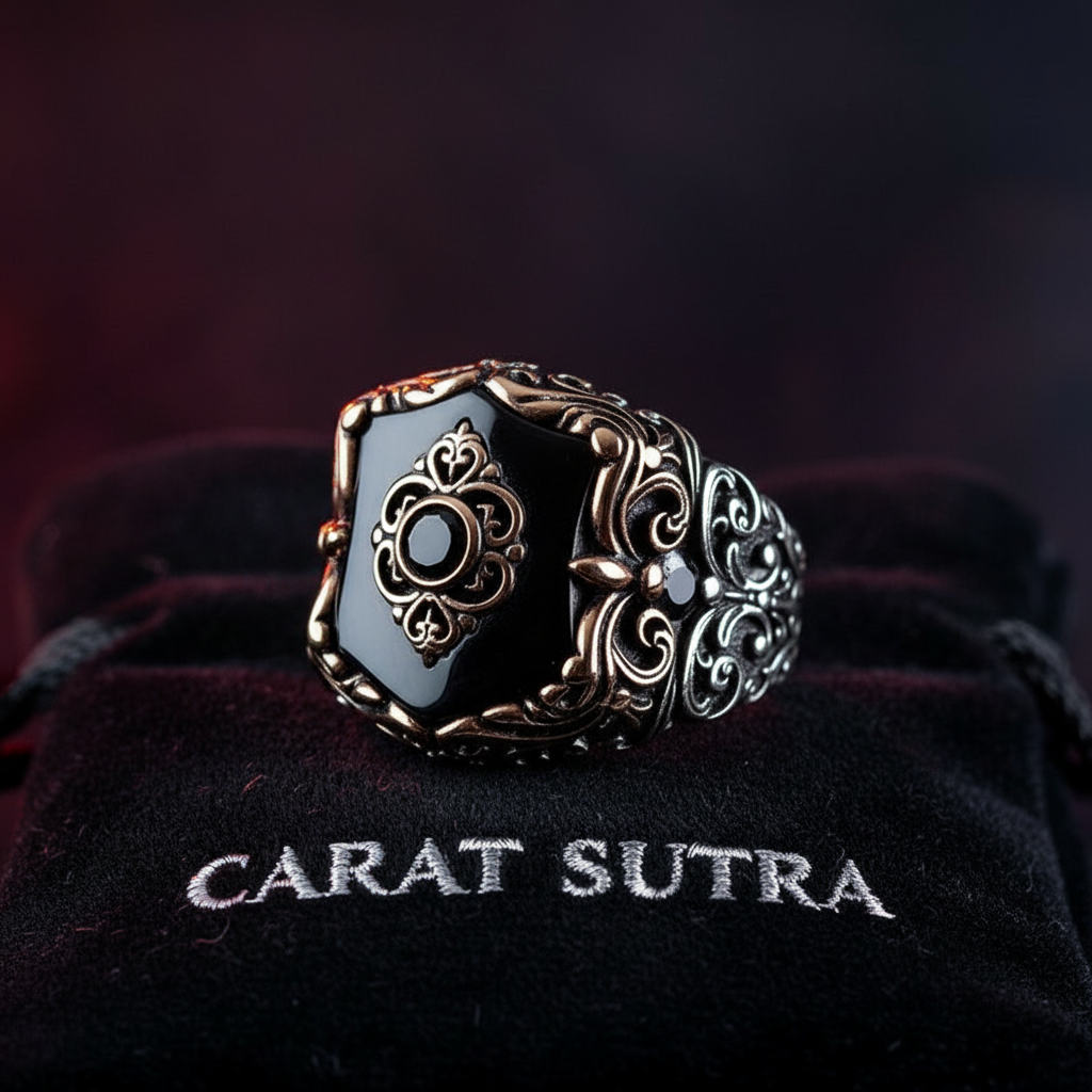 RARE PRINCE by CARAT SUTRA | Unique Turkish Style Ring with Natural Black Onyx | 925 Sterling Silver Oxidized Ring | Men's Jewelry | With Certificate of Authenticity and 925 Hallmark