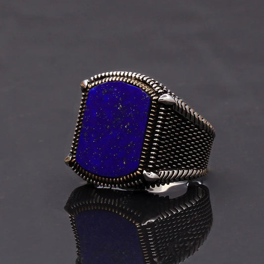 RARE PRINCE by CARAT SUTRA | Unique Turkish Style Ring with Natural Blue Lapis Lazuli | 925 Sterling Silver Oxidized Ring | Men's Jewelry | With Certificate of Authenticity and 925 Hallmark