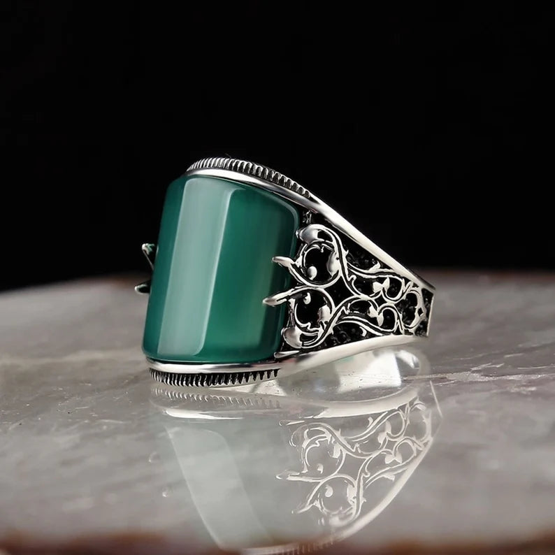 RARE PRINCE by CARAT SUTRA | Unique Turkish Style Curved Ring with Green Onyx | 925 Sterling Silver Oxidized Ring | Men's Jewelry | With Certificate of Authenticity and 925 Hallmark