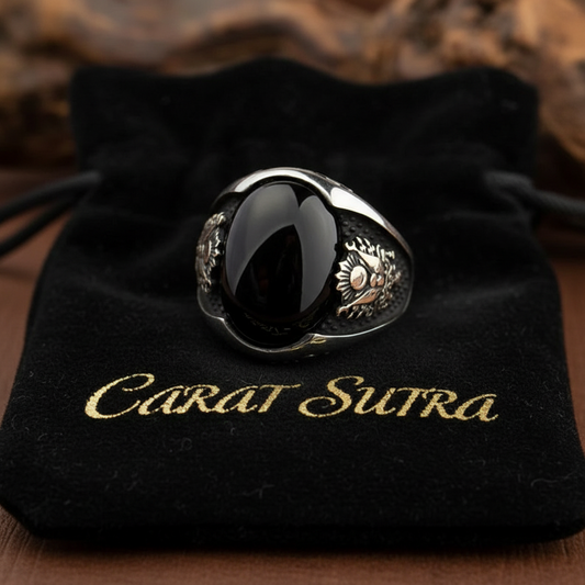 RARE PRINCE by CARAT SUTRA | Unique Turkish Style Ring with Natural Black Onyx | Black Rhodium & Gold Plated 925 Sterling Silver Ring | Men's Jewelry | With Certificate of Authenticity and 925 Hallmark