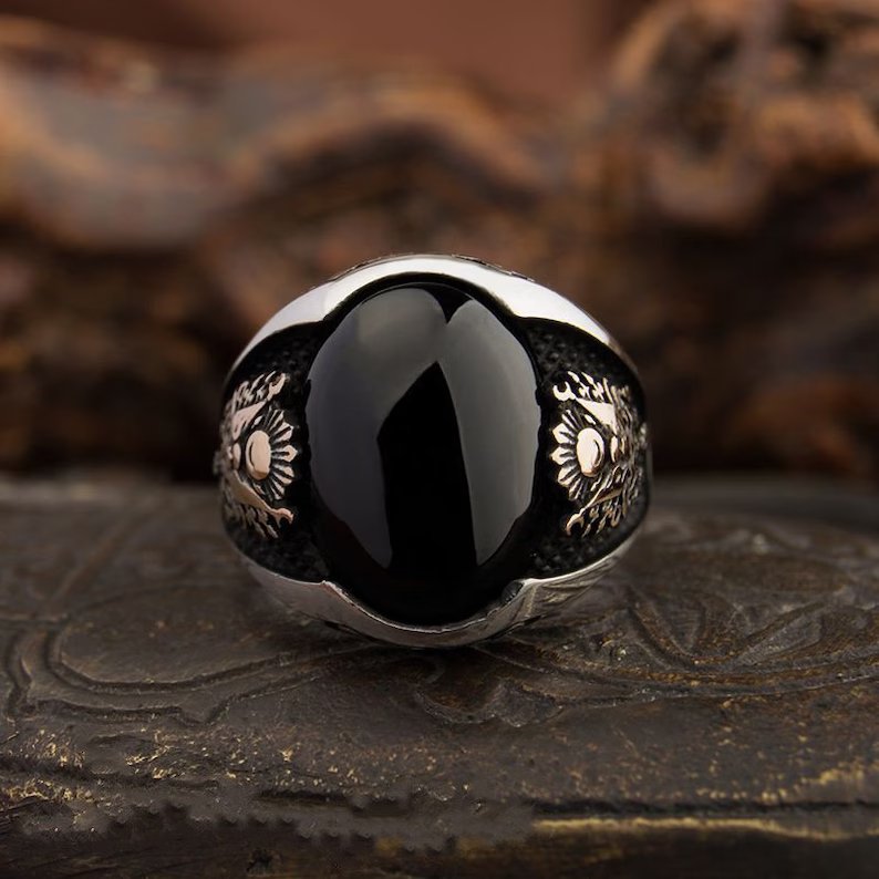 RARE PRINCE by CARAT SUTRA | Unique Turkish Style Ring with Natural Black Onyx | Black Rhodium & Gold Plated 925 Sterling Silver Ring | Men's Jewelry | With Certificate of Authenticity and 925 Hallmark