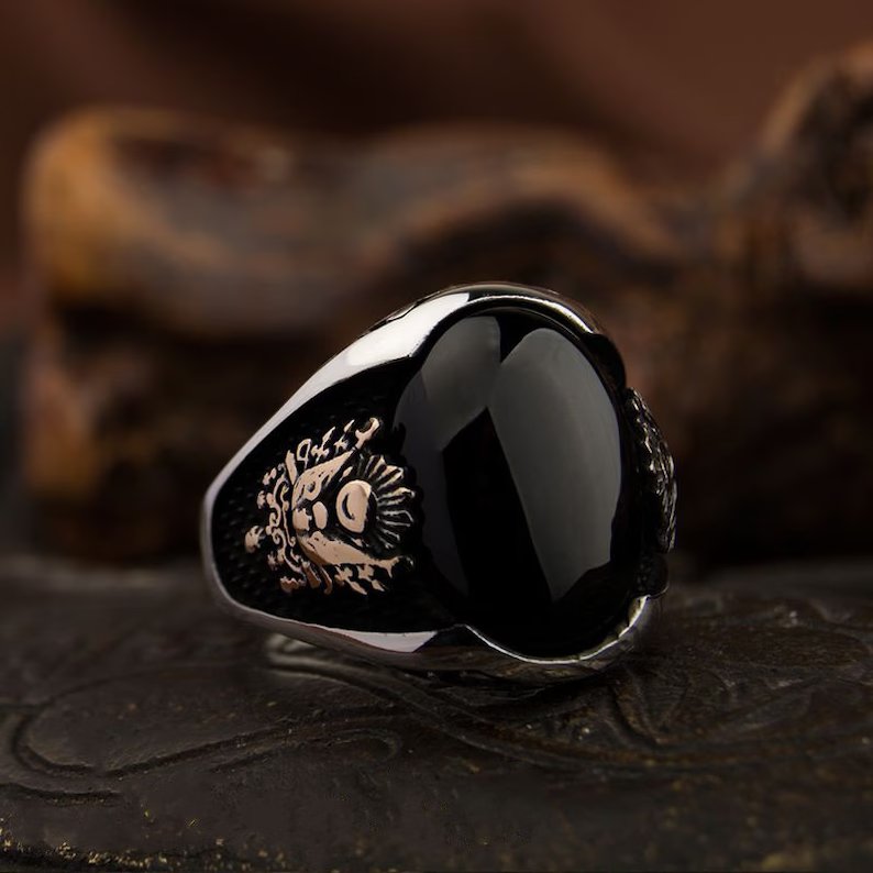 RARE PRINCE by CARAT SUTRA | Unique Turkish Style Ring with Natural Black Onyx | Black Rhodium & Gold Plated 925 Sterling Silver Ring | Men's Jewelry | With Certificate of Authenticity and 925 Hallmark
