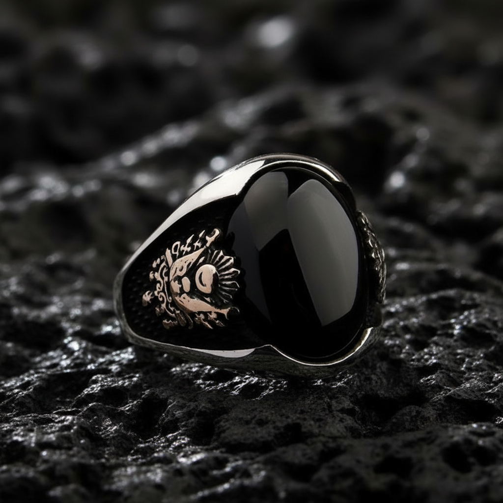 RARE PRINCE by CARAT SUTRA | Unique Turkish Style Ring with Natural Black Onyx | Black Rhodium & Gold Plated 925 Sterling Silver Ring | Men's Jewelry | With Certificate of Authenticity and 925 Hallmark