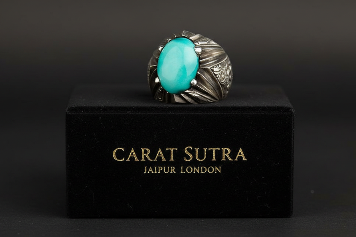 RARE PRINCE by CARAT SUTRA | Unique Designed Turkish Style Ring with Natural Irani Turquoise (Firoza) | 925 Sterling Silver Oxidized Ring | Men's Jewelry | With Certificate of Authenticity and 925 Hallmark - caratsutra