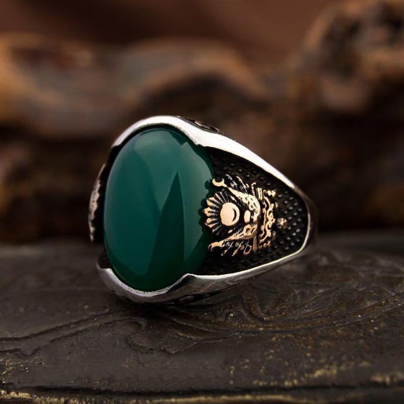 RARE PRINCE by CARAT SUTRA | Unique Designed Turkish Style Ring with Green Onyx  | 925 Sterling Silver Gold Plated Ring | Men's Jewelry | With Certificate of Authenticity and 925 Hallmark