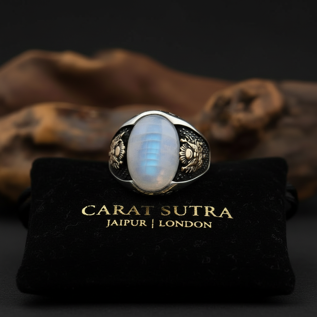 RARE PRINCE by CARAT SUTRA | Unique Designed Turkish Style Ring with Natural Rainbow Moonstone  | 925 Sterling Silver Ring | With Certificate of Authenticity and 925 Hallmark
