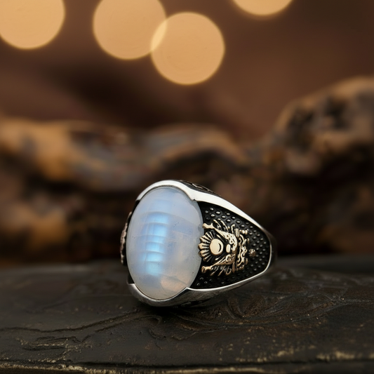 RARE PRINCE by CARAT SUTRA | Unique Designed Turkish Style Ring with Natural Rainbow Moonstone  | 925 Sterling Silver Ring | With Certificate of Authenticity and 925 Hallmark
