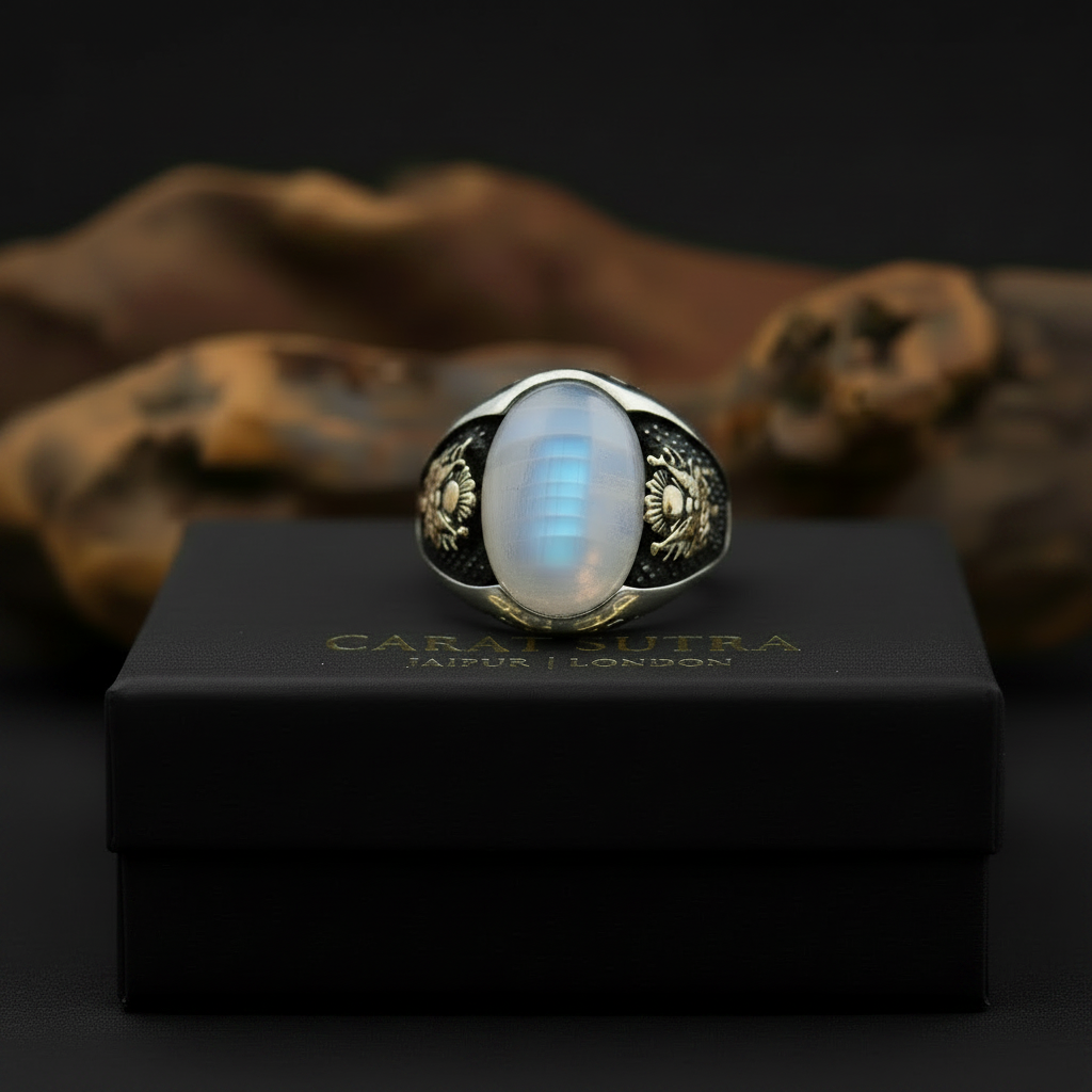 RARE PRINCE by CARAT SUTRA | Unique Designed Turkish Style Ring with Natural Rainbow Moonstone  | 925 Sterling Silver Ring | With Certificate of Authenticity and 925 Hallmark
