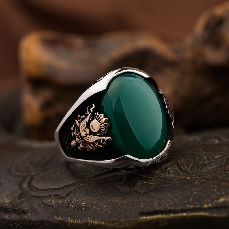 RARE PRINCE by CARAT SUTRA | Unique Designed Turkish Style Ring with Green Onyx  | 925 Sterling Silver Gold Plated Ring | Men's Jewelry | With Certificate of Authenticity and 925 Hallmark