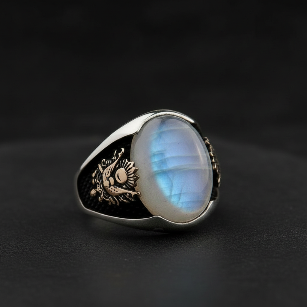 RARE PRINCE by CARAT SUTRA | Unique Designed Turkish Style Ring with Natural Rainbow Moonstone  | 925 Sterling Silver Ring | With Certificate of Authenticity and 925 Hallmark