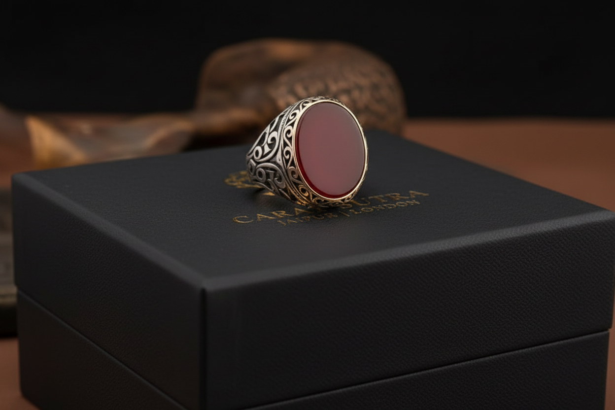 RARE PRINCE by CARAT SUTRA | Unique Turkish Style Ring with Natural Red Agate | 925 Sterling Silver Oxidized Ring | Men's Jewelry | With Certificate of Authenticity and 925 Hallmark - caratsutra