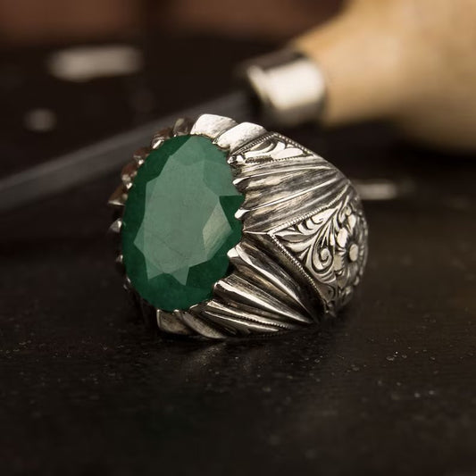 RARE PRINCE by CARAT SUTRA | Unique Designed Turkish Style Ring with Emerald | 925 Sterling Silver Oxidized Ring | Men's Jewelry | With Certificate of Authenticity and 925 Hallmark