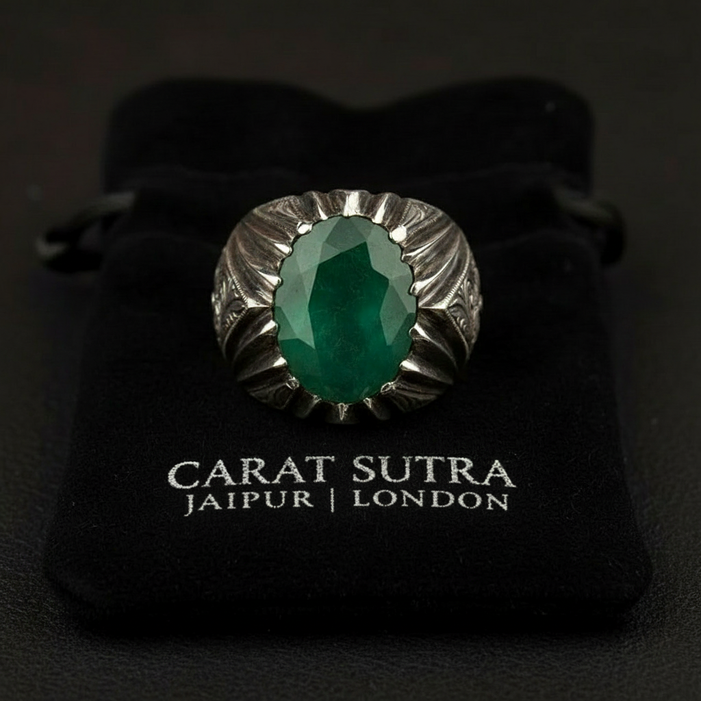 RARE PRINCE by CARAT SUTRA | Unique Designed Turkish Style Ring with Emerald | 925 Sterling Silver Oxidized Ring | Men's Jewelry | With Certificate of Authenticity and 925 Hallmark