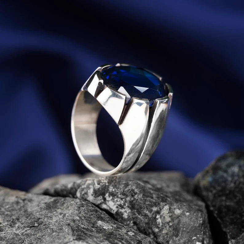 RARE PRINCE by CARAT SUTRA | Unique Turkish Style Ring with S Blue Sapphire, Oxidized Sterling Silver 925 Ring | Jewellery for Men| With Certificate of Authenticity and 925 Hallmark