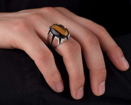 RARE PRINCE by CARAT SUTRA | Unique Designed Turkish Style Ring with Natural Tiger Eye  | 925 Sterling Silver Oxidized Ring | Men's Jewelry | With Certificate of Authenticity and 925 Hallmark