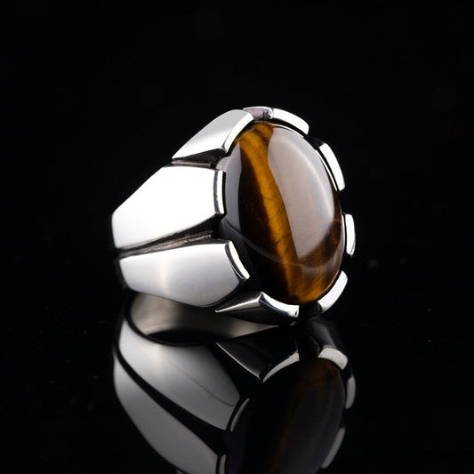 RARE PRINCE by CARAT SUTRA | Unique Designed Turkish Style Ring with Natural Tiger Eye  | 925 Sterling Silver Oxidized Ring | Men's Jewelry | With Certificate of Authenticity and 925 Hallmark