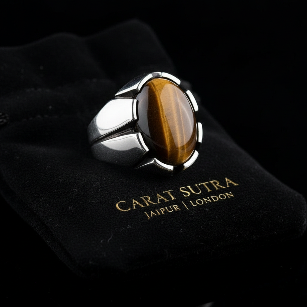 RARE PRINCE by CARAT SUTRA | Unique Designed Turkish Style Ring with Natural Tiger Eye  | 925 Sterling Silver Oxidized Ring | Men's Jewelry | With Certificate of Authenticity and 925 Hallmark