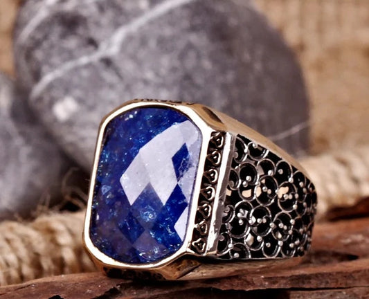 RARE PRINCE by CARAT SUTRA | Unique Turkish Style Ring with Natural Blue Lapis Lazuli | 925 Sterling Silver Oxidized Ring | Men's Jewelry | With Certificate of Authenticity and 925 Hallmark