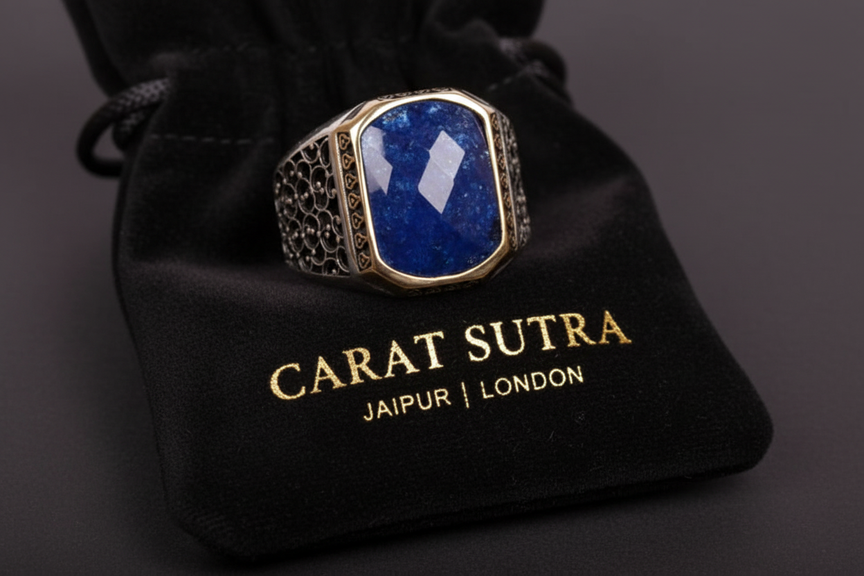 RARE PRINCE by CARAT SUTRA | Unique Turkish Style Ring with Natural Blue Lapis Lazuli | 925 Sterling Silver Oxidized Ring | Men's Jewelry | With Certificate of Authenticity and 925 Hallmark