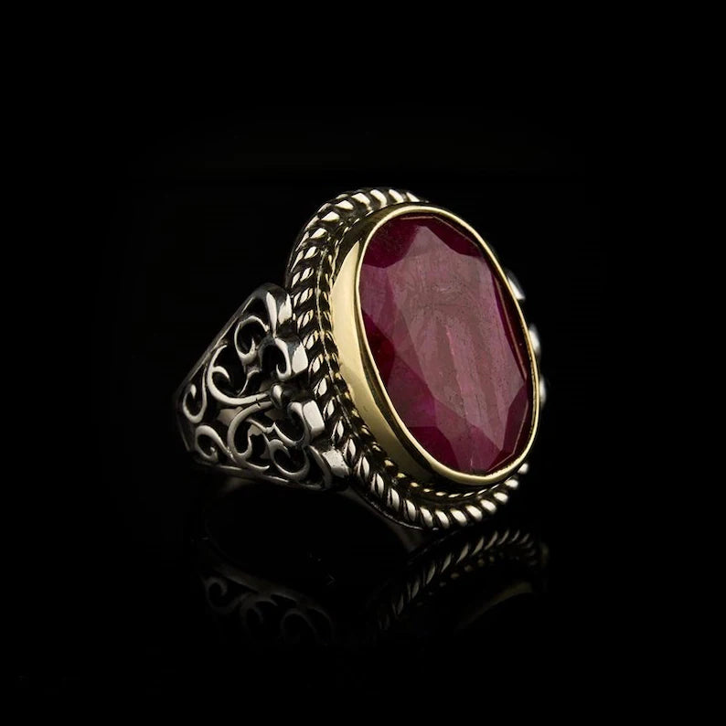 RARE PRINCE by CARAT SUTRA | Unique Designed Turkish Style Heavy Ring with Natural Red Ruby | 22kt Gold Micron Plated 925 Sterling Silver Oxidized Ring | Men's Jewelry | With Certificate of Authenticity and 925 Hallmark