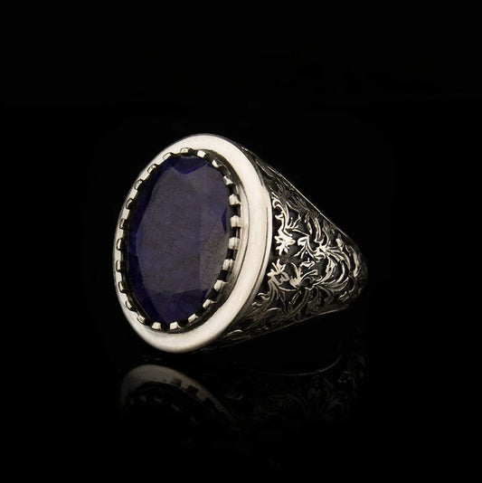 RARE PRINCE by CARAT SUTRA | Unique Designed Turkish Style Ring with S Sapphire, 925 Sterling Silver Oxidized Ring | Men's Jewelry | With Certificate of Authenticity and 925 Hallmark